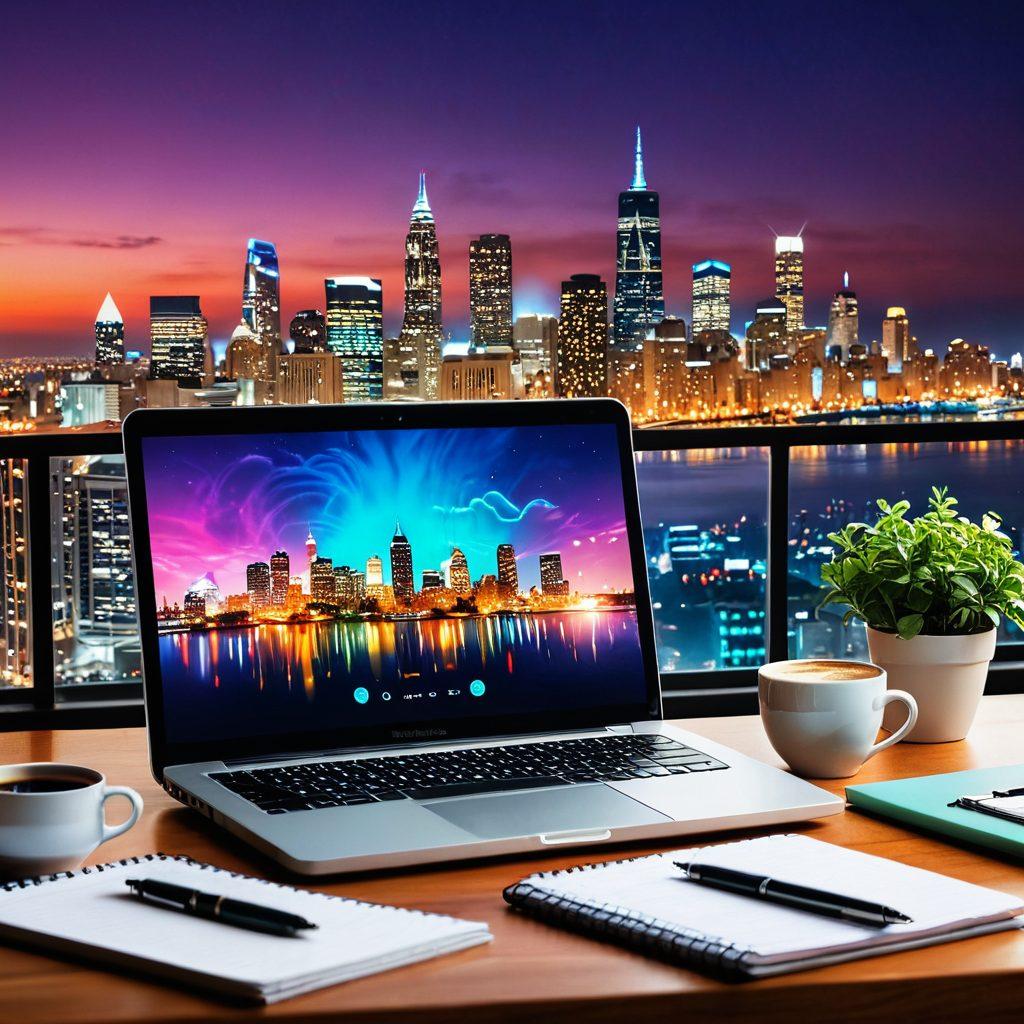 A vibrant and inviting scene of a cozy workspace featuring a laptop with a blog open on the screen, scattered with notepads and coffee cups. In the foreground, a glowing key symbolizes unlocking potential, with various icons representing guest posts and monetization strategies floating around. The background showcases a colorful city skyline, suggesting growth and opportunity. The overall mood is inspirational and dynamic. super-realistic. vibrant colors. 3D.