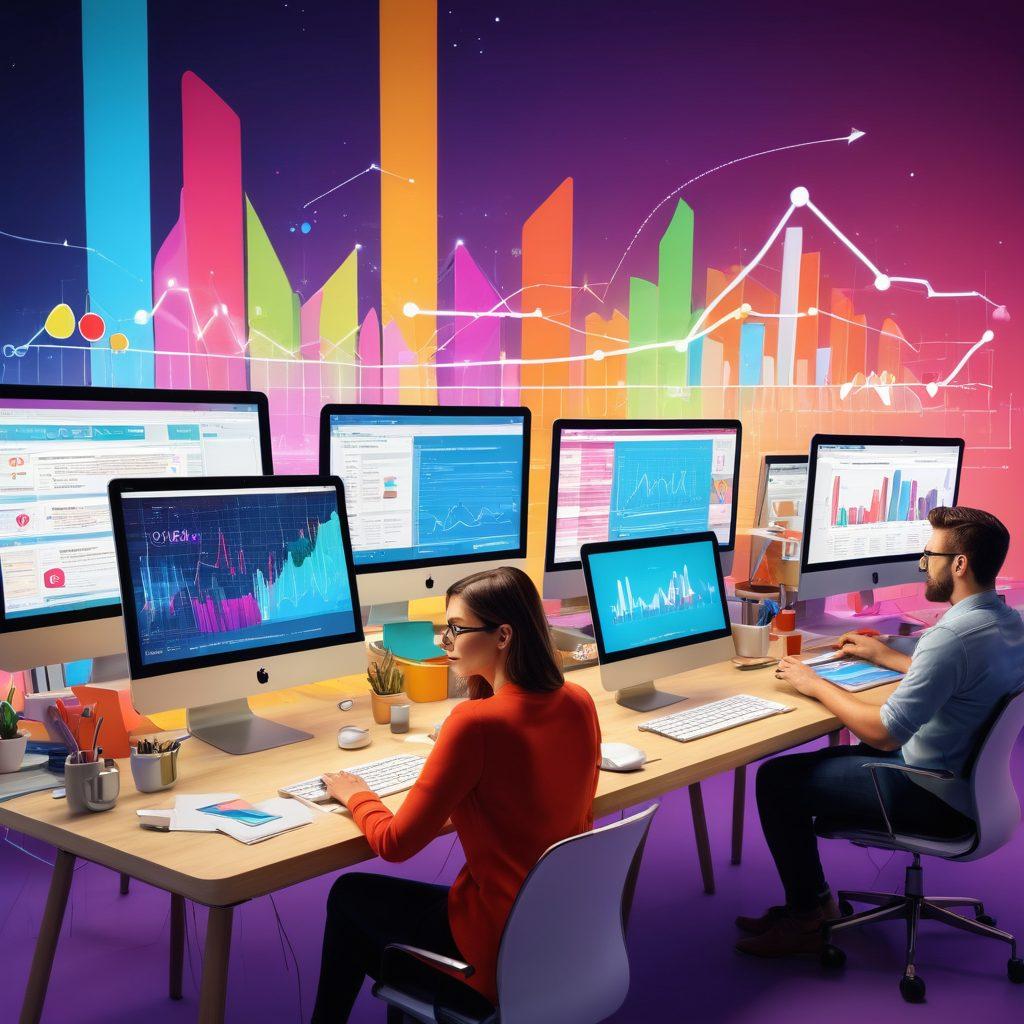 A vibrant digital landscape depicting a diverse group of bloggers collaborating and using various tools like laptops and tablets. The scene includes colorful charts and graphs showing trends in the background, symbolizing growth and success in blogging. The atmosphere is lively, with bright colors and elements representing technology and creativity. super-realistic. vibrant colors. 3D.