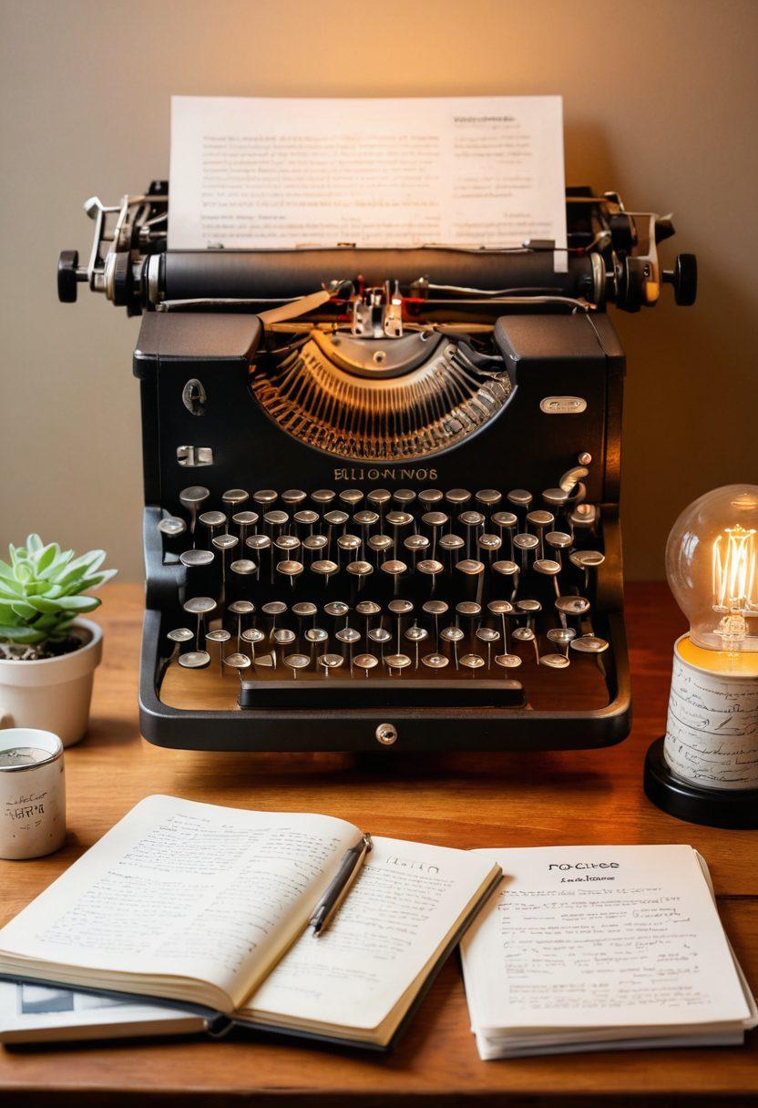 A vintage typewriter with freshly typed blog pages scattered around, showcasing various tips and tricks for bloggers. A glowing lightbulb symbolizes inspiration overhead, while an open notebook with doodles of trending topics and a steaming coffee cup sit nearby. The background is filled with faint outlines of writing-related tools like pens, paper, and social media icons to convey connectivity and growth. vibrant colors. super-realistic. cozy atmosphere.